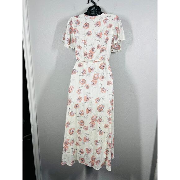 Everly Floral Wrap Dress Pink Cream Short Sleeve Midi Spring Flowy - S - Picture 4 of 5